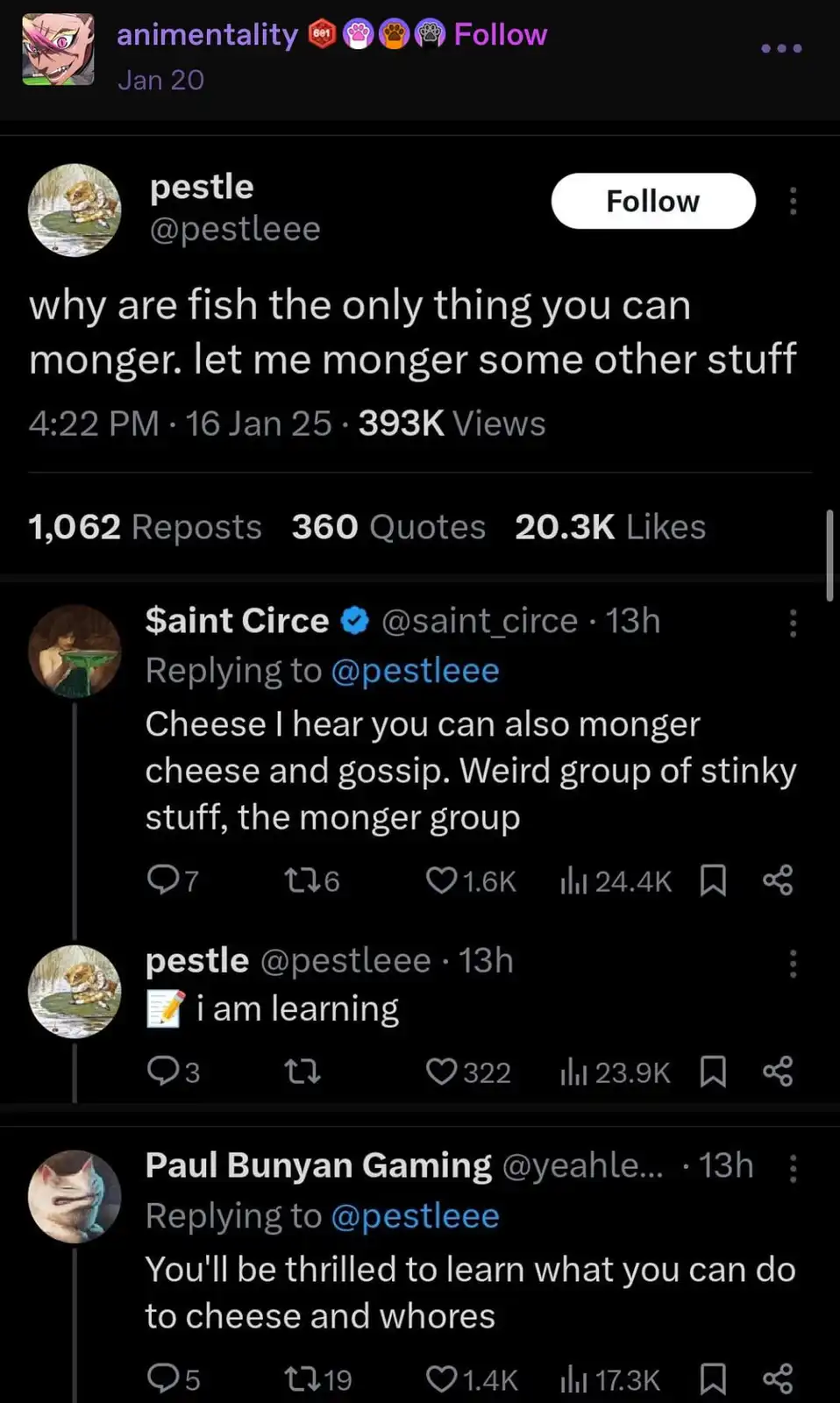A screenshot of a Twitter thread shows user 'pestle' asking why fish are the only thing you can 'monger,' prompting replies…