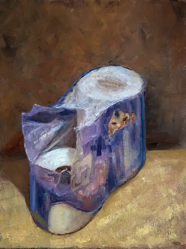 An oil painting depicts a single, worn purple ballet slipper with a white sole, resting on a golden surface against a brown…