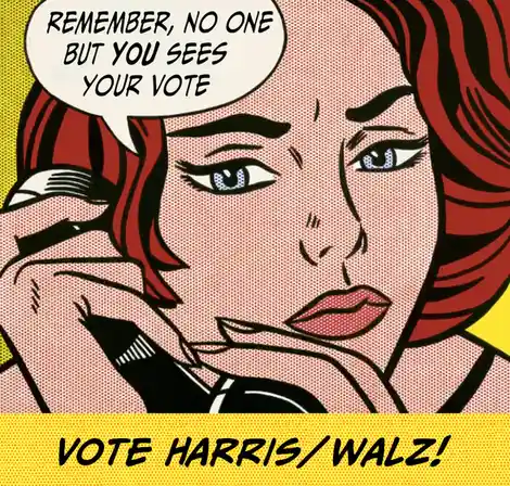 A pop art style comic panel shows a woman with red hair and blue eyes looking thoughtfully at the viewer while holding a…
