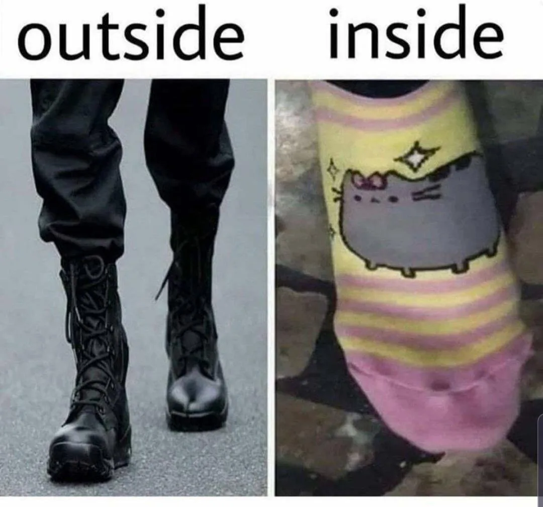 The image is split into two panels. The left panel shows a person wearing black combat boots and dark pants, labeled…