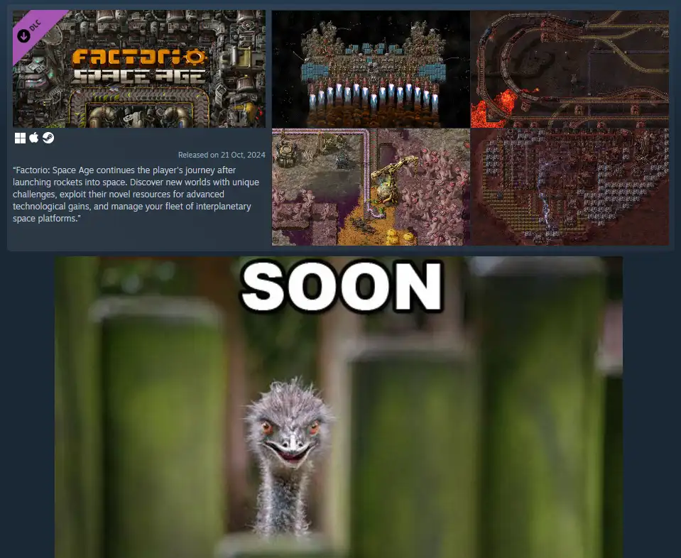 The image displays a screenshot of the Factorio: Space Age DLC store page, showing its release date as October 21, 2024, and…