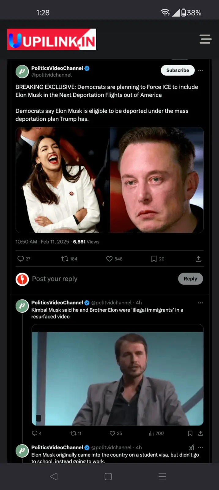 A screenshot of a social media post from 'PoliticsVideoChannel' shows a split image: a woman laughing on the left and Elon…