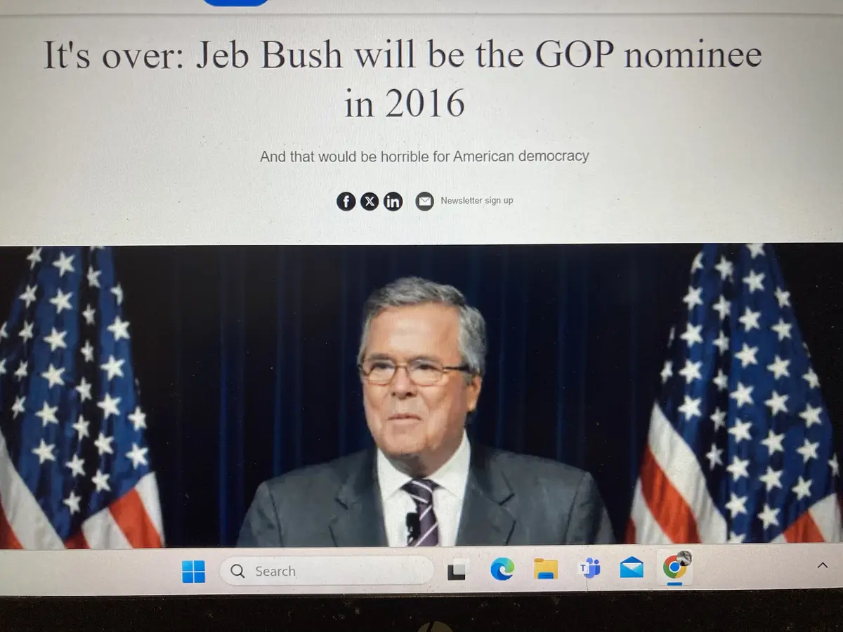 A screenshot of a computer screen displaying a news article headline that reads 'It's over: Jeb Bush will be the GOP nominee…