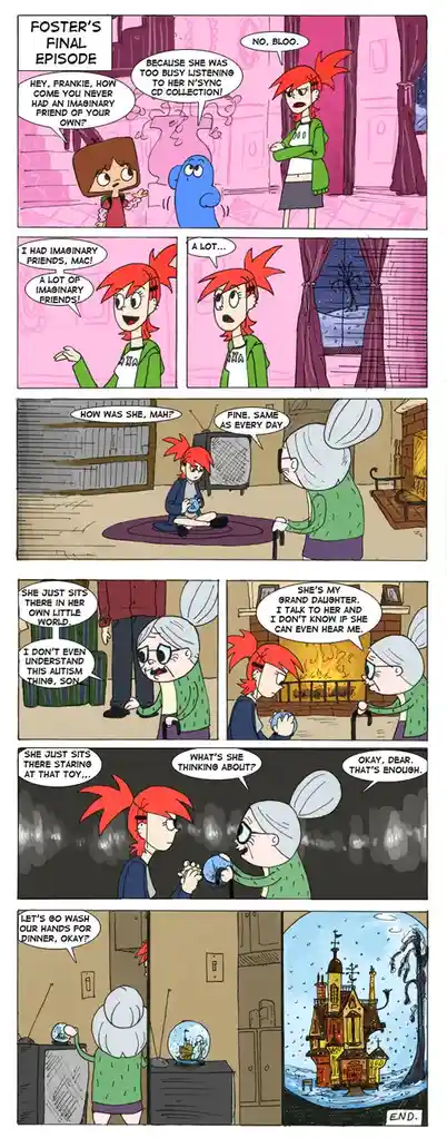 A comic strip titled 'Foster's Final Episode' shows Frankie explaining to Bloo that she had many imaginary friends, but her…
