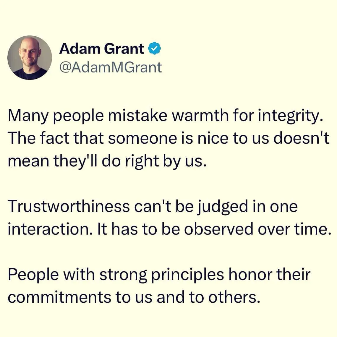 A screenshot of a tweet by Adam Grant (@AdamMGrant) with a verified blue checkmark, featuring his profile picture and text…