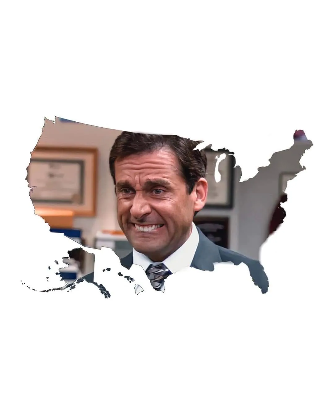 A man in a suit and tie, smiling broadly, is cut out and placed inside the outline of the United States, including Alaska…