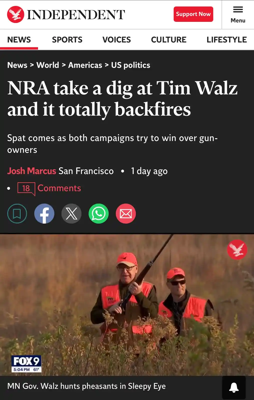 A screenshot of a news article from The Independent with the headline 'NRA take a dig at Tim Walz and it totally backfires'…