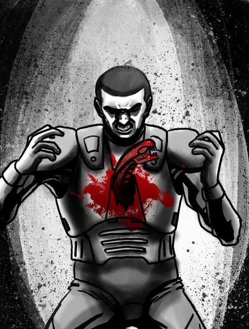 A black-and-white illustrated man in a futuristic armored suit is shown with a bloody, embedded alien creature bursting from…
