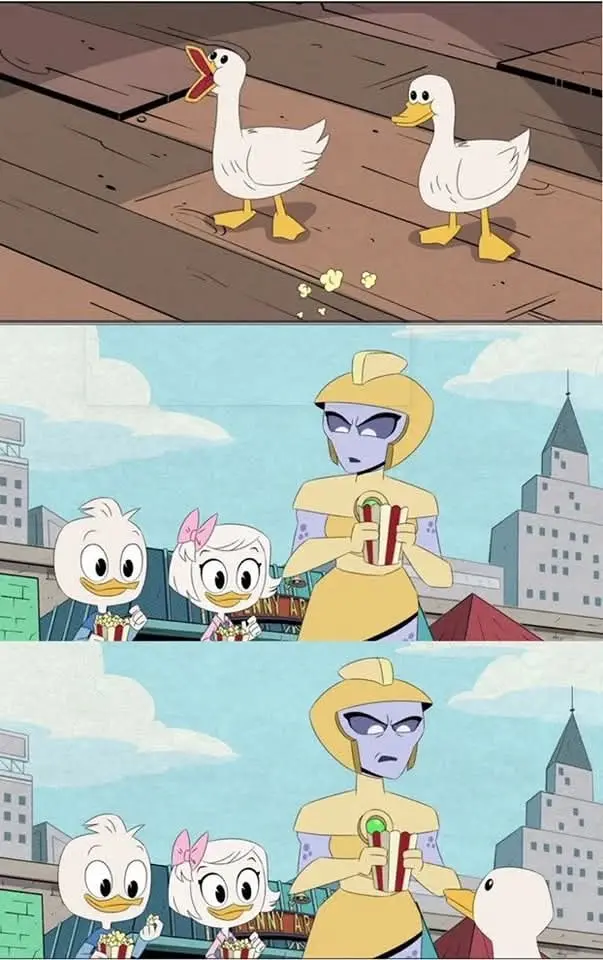 The image is a three-panel meme from the animated series 'DuckTales'. The top panel shows two white ducks walking on a…