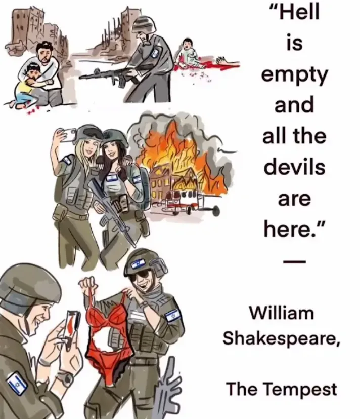 A three-panel cartoon depicts Israeli soldiers in various scenarios: one panel shows a soldier with a rifle near a child and…