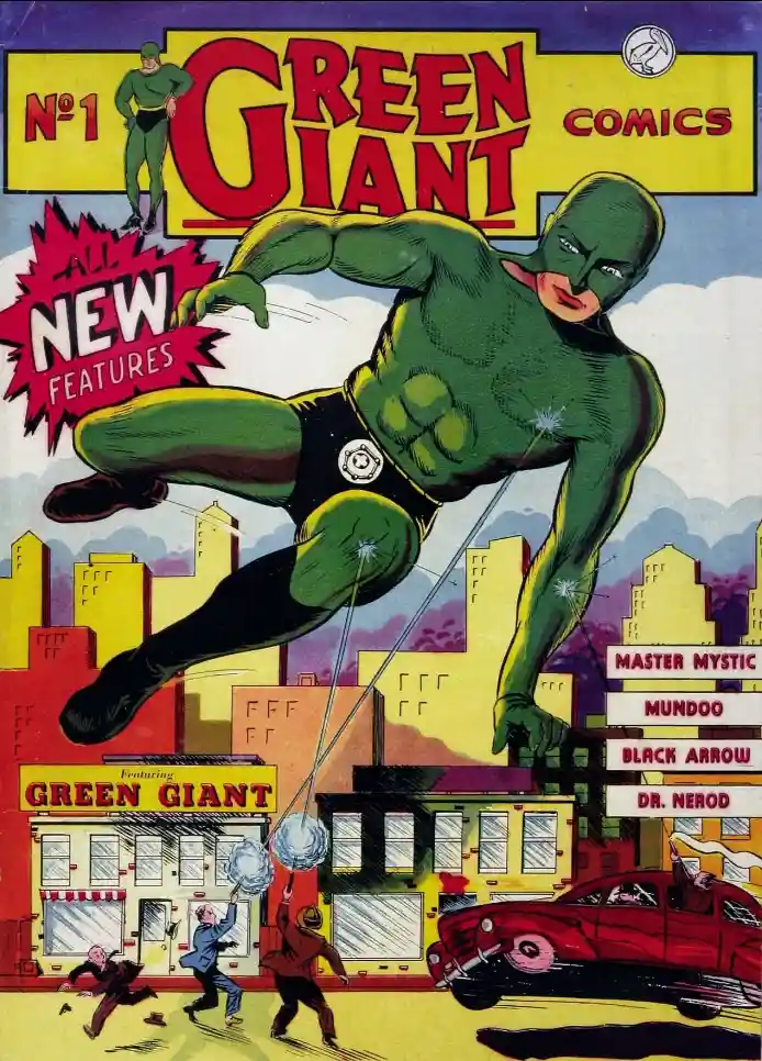 A vintage comic book cover for 'Green Giant Comics #1' shows a large green superhero in a black suit flying over a city…