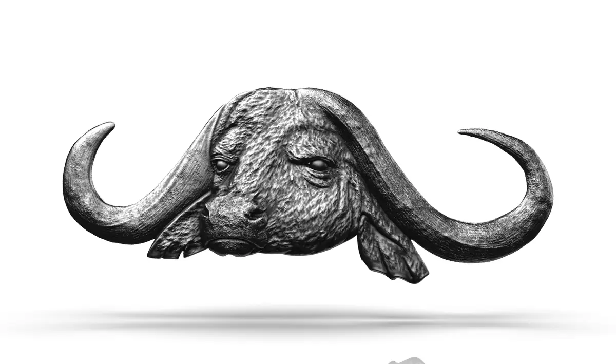 A grayscale 3D render of a stylized elephant head with large, curved tusks and textured skin, set against a plain black…