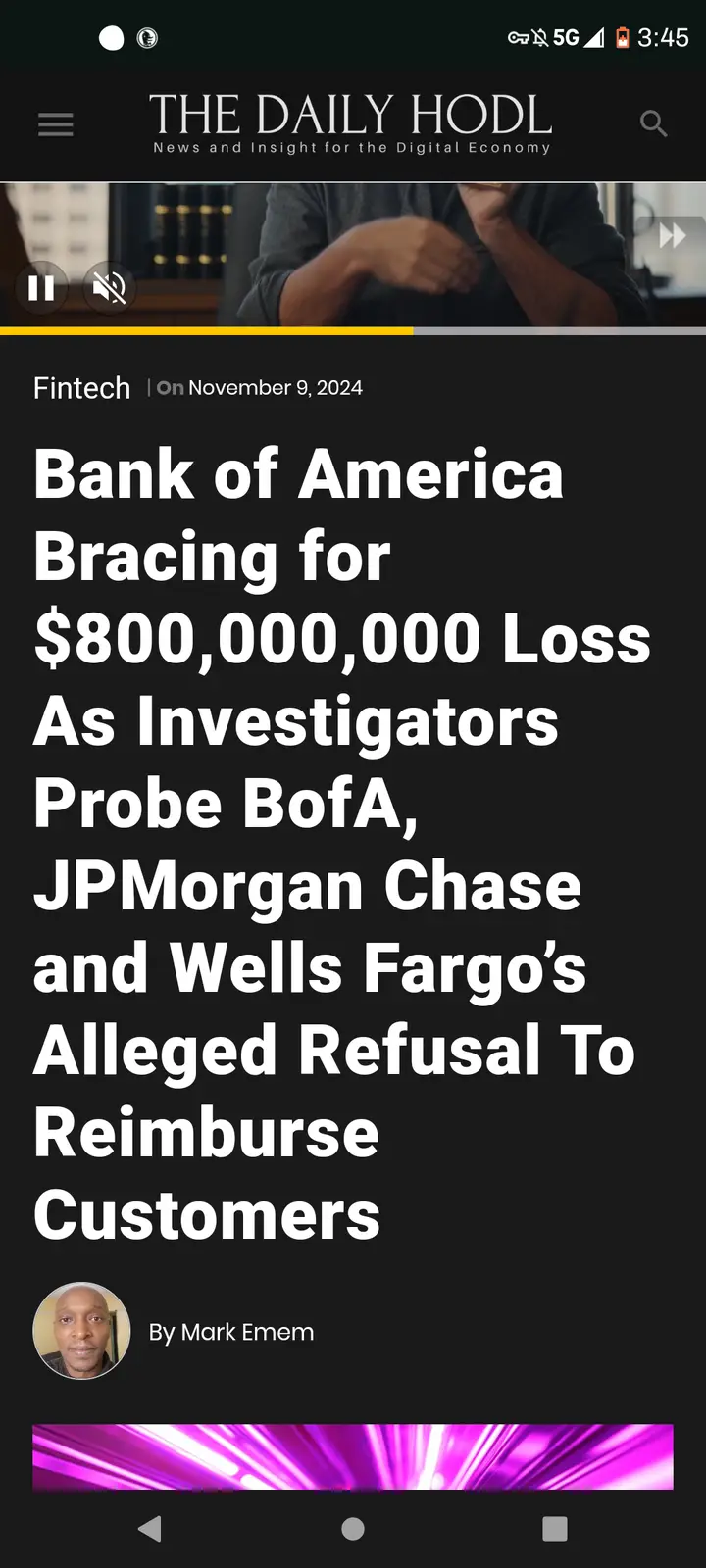 A screenshot of a mobile news article from 'The Daily Hodl' dated November 9, 2024, with a headline about Bank of America…