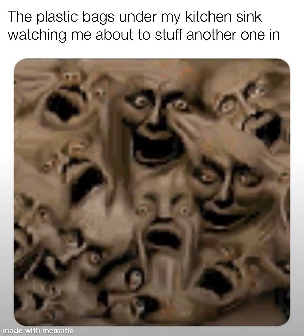 The image shows a distorted, unsettling, sepia-toned collage of multiple screaming, wide-eyed, and grotesque human faces…