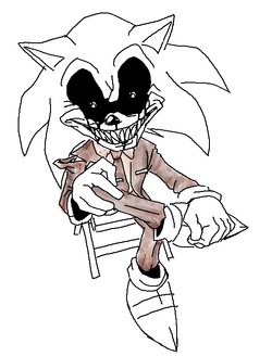 A cartoon drawing of a character resembling Sonic the Hedgehog with a menacing, wide grin and blackened eyes, sitting in a…