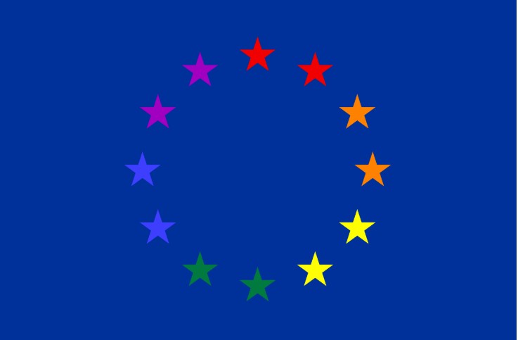 the european union flag is shown with its 12 stars, but each star is a different color, including red, purple, blue, green…