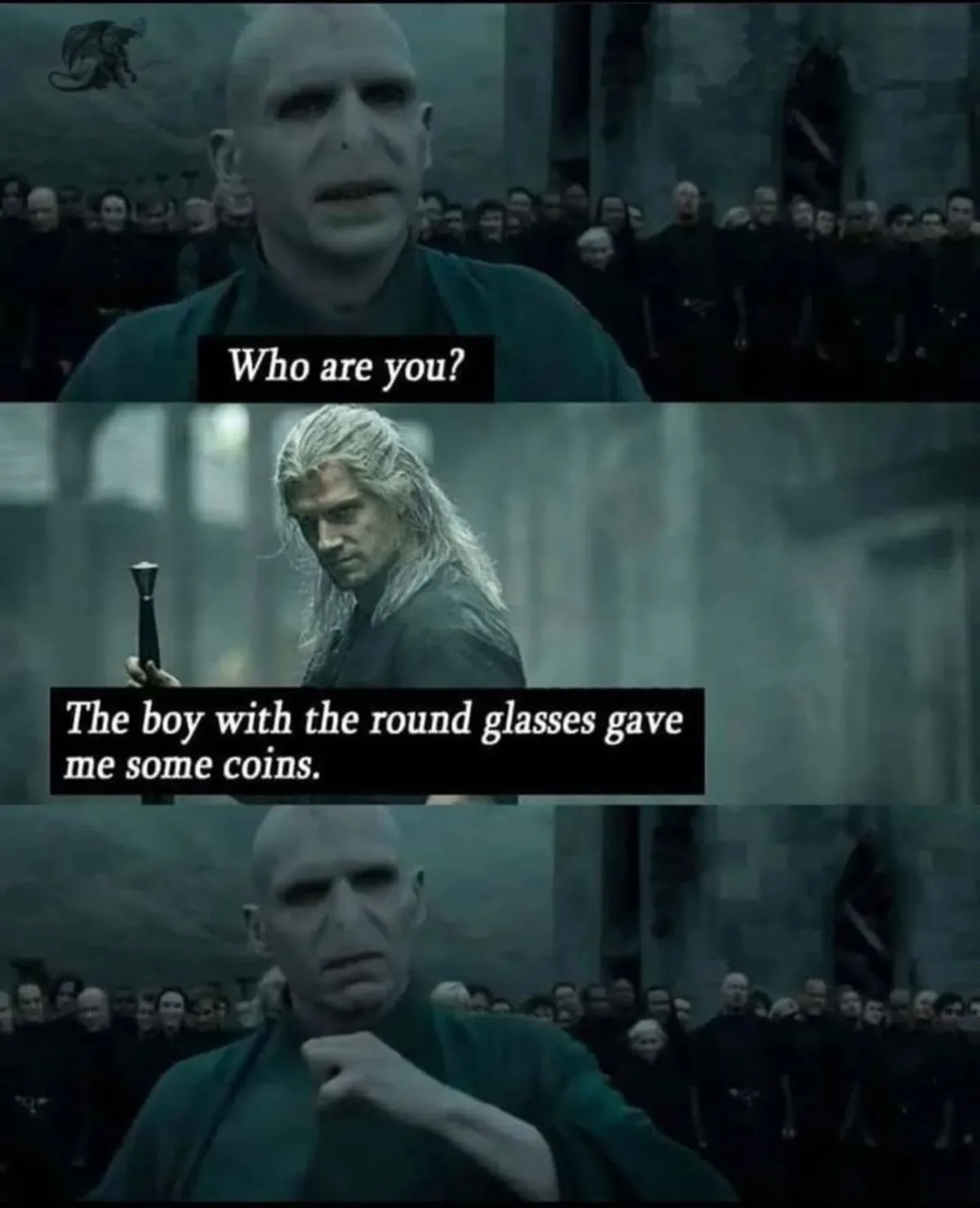 The meme features three panels: top, a bald, pale man (Voldemort) asks 'Who are you?'; middle, a man with long white hair…