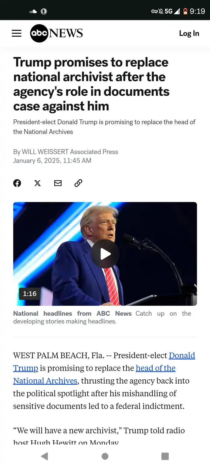 An ABC News article screenshot shows a headline about Donald Trump promising to replace the National Archives head after a…