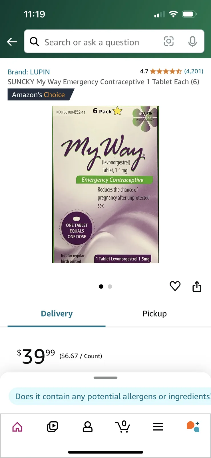 An Amazon product page for 'My Way' emergency contraceptive pills, showing the box, price ($39.99), and a customer question…
