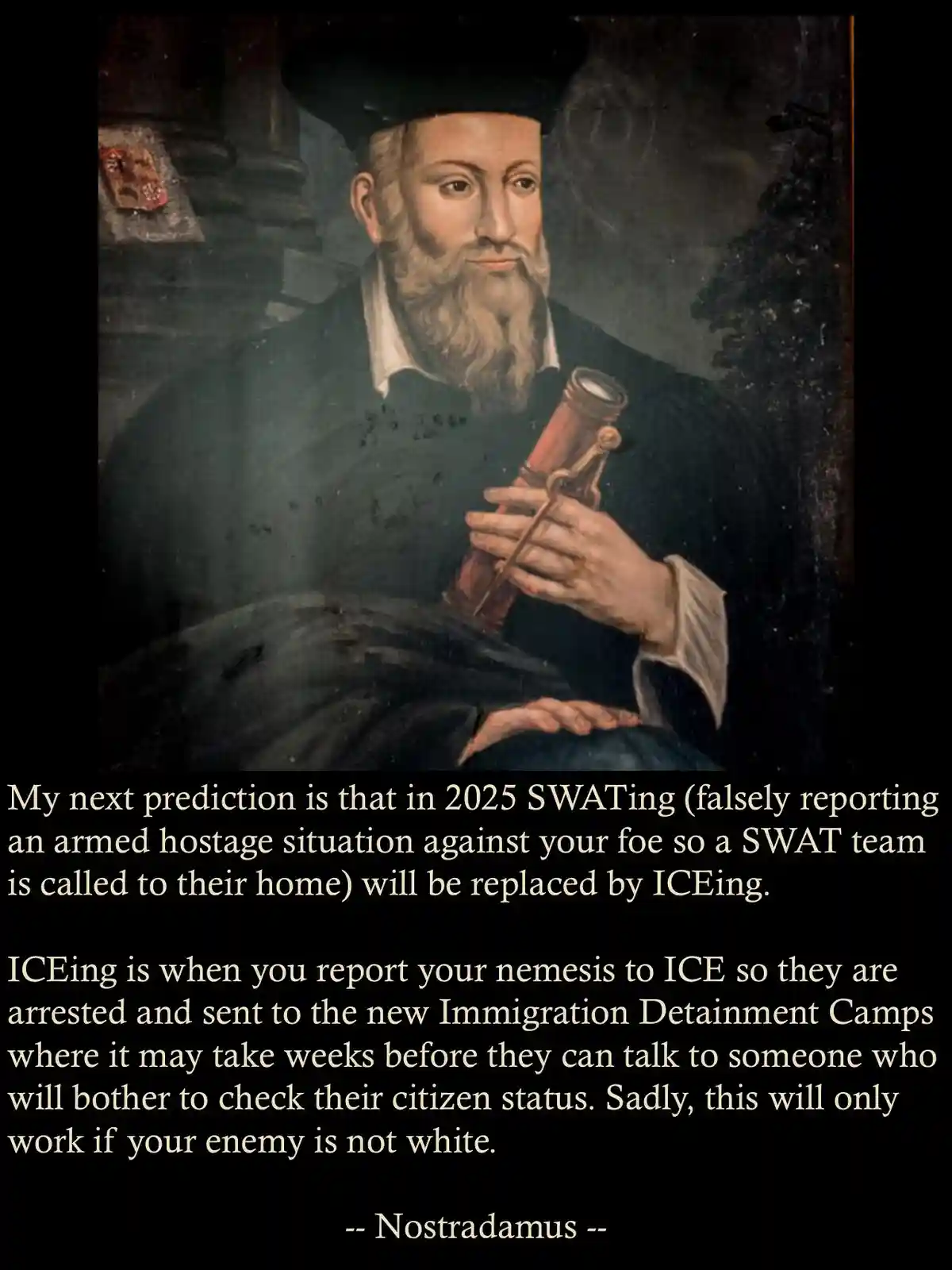 A historical portrait of a bearded man in dark robes holding a telescope, overlaid with text claiming he predicted that in…