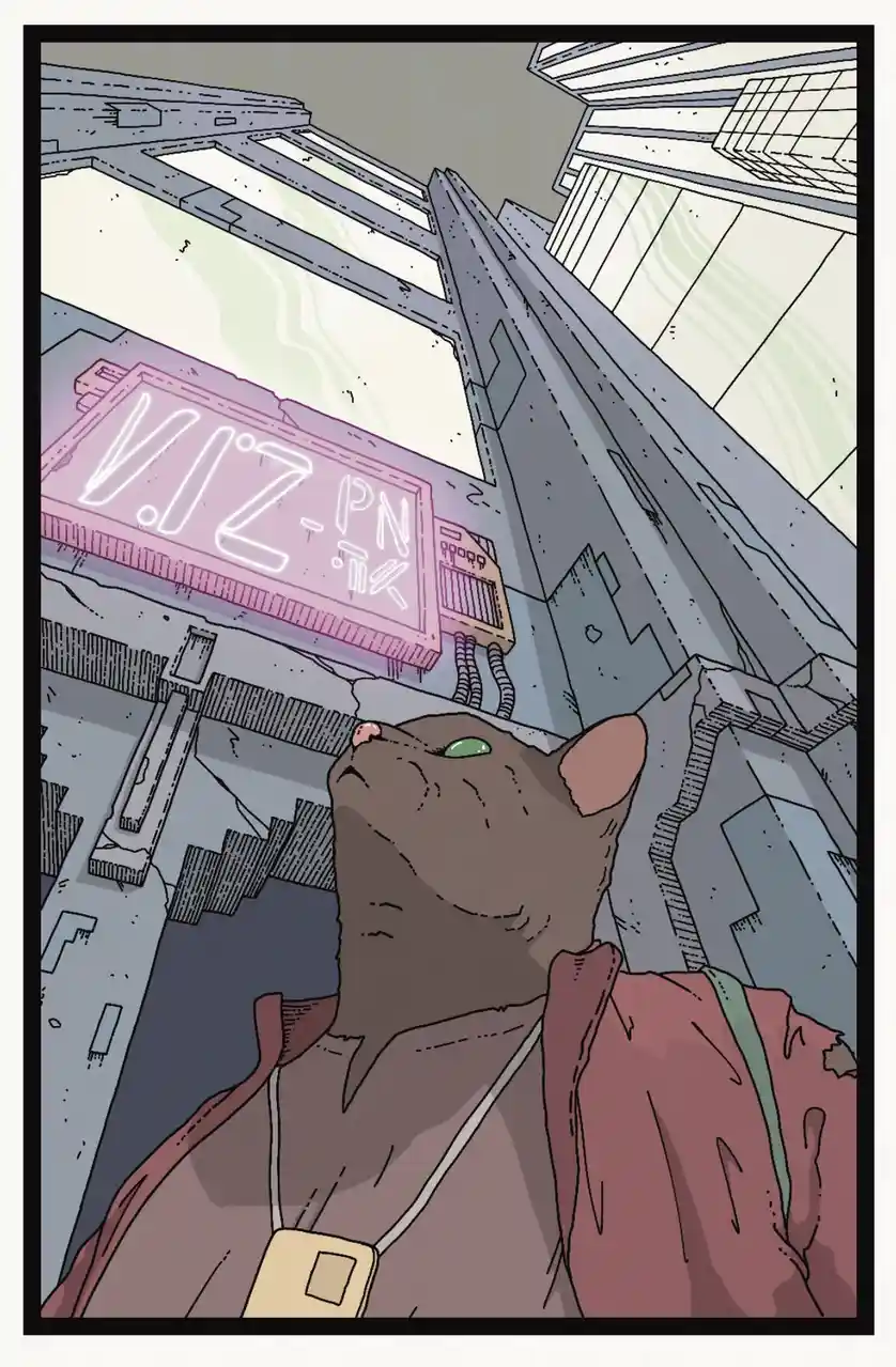A brown cat with green eyes, wearing a red jacket and a beige ID badge, looks up at a towering, futuristic cityscape with a…