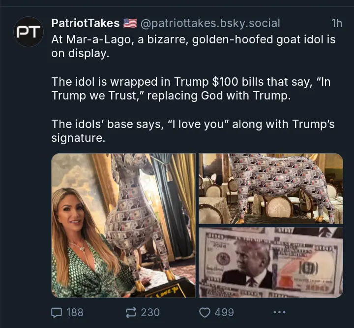 A social media post shows a large goat statue wrapped in $100 bills featuring Donald Trump's portrait and the phrase 'In…