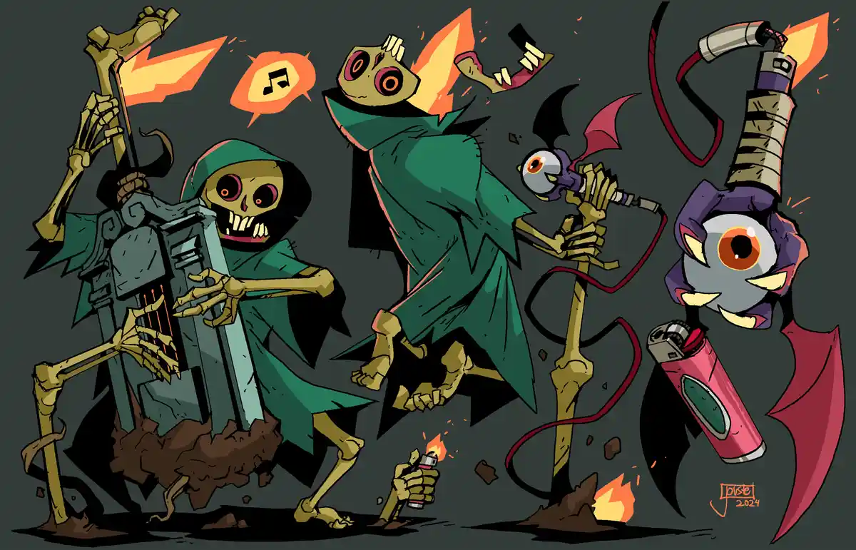 A cartoonish skeleton in a green robe holds a lit lighter, with a speech bubble showing a musical note. Beside it, a larger…