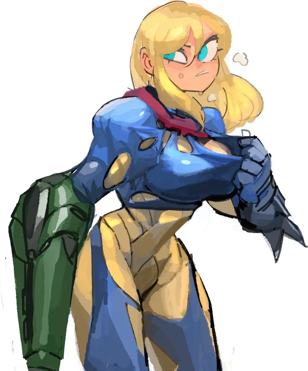 An anime-style illustration of a blonde female character with blue eyes, wearing a torn blue and gold armored outfit with a…