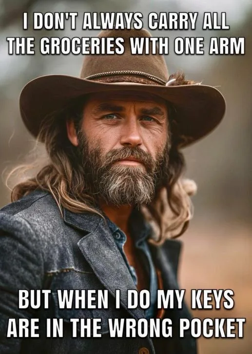 A man with a long beard and cowboy hat looks seriously at the camera while wearing a denim jacket. White bold text is…