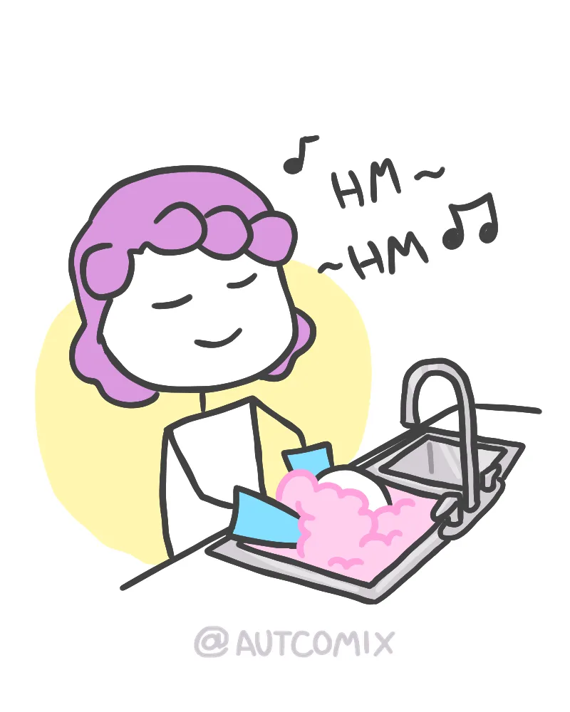 A cartoon girl with purple hair and a yellow halo is happily washing dishes, with pink soapy water and a blue sponge. The…