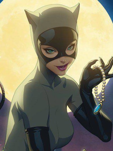 An anime-style illustration of Catwoman in her iconic grey and black costume with cat ears and mask, holding a pearl…