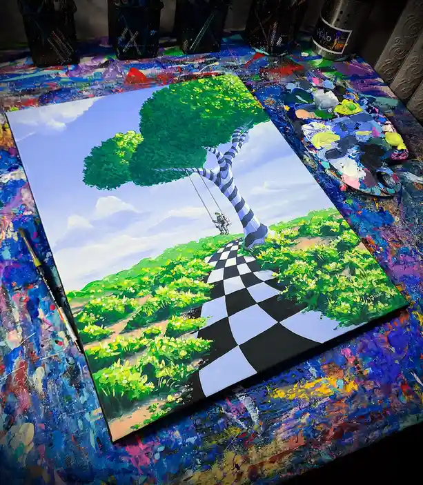 A painting on a canvas depicts a surreal scene with a tree whose trunk is striped black and white, a swing hanging from it…