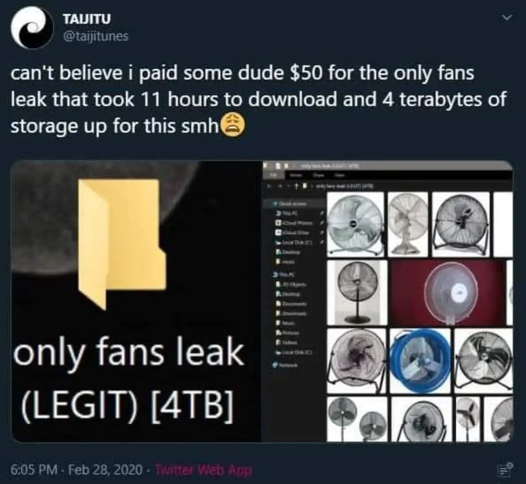 A screenshot of a Twitter post by user TAIJITU showing a folder labeled 'only fans leak (LEGIT) [4TB]' next to a file…