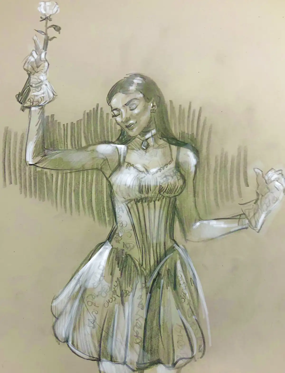 A sketch of a woman in a corseted dress holding a rose aloft, smiling with her eyes closed, while her other hand is open…