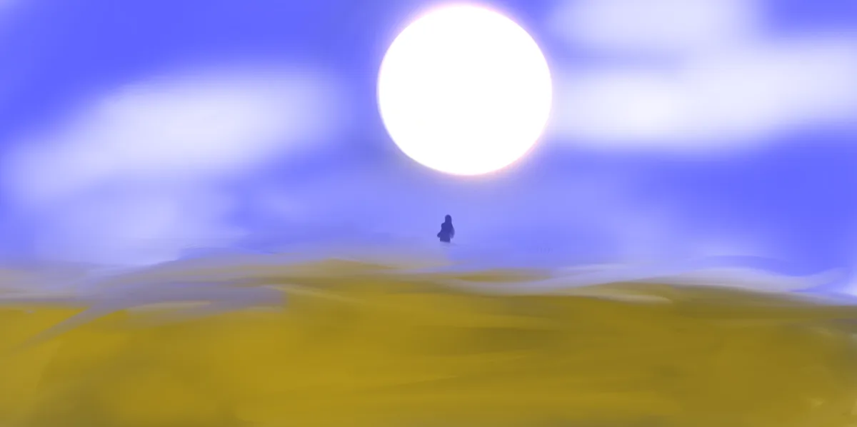 A lone, small human silhouette stands in a vast, surreal landscape with rolling yellow hills under a purple sky, facing a…