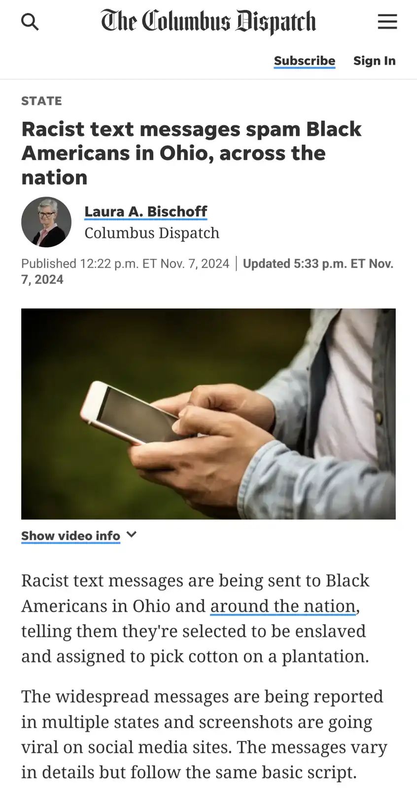 A screenshot of a news article from The Columbus Dispatch shows a headline about racist text messages spamming Black…