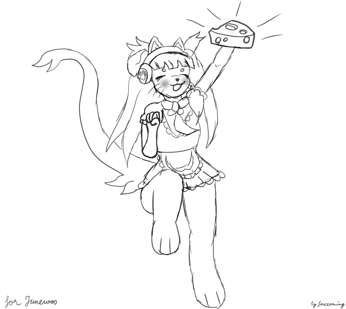 A black-and-white line drawing of an anthropomorphic cat girl with long hair, cat ears, and a tail, wearing headphones and a…