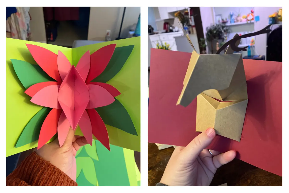 Two side-by-side photos show hands holding open handmade greeting cards. The left card displays a 3D paper poinsettia flower…