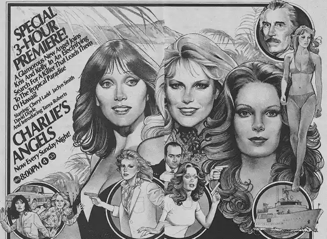 A vintage black-and-white promotional poster for the TV show 'Charlie's Angels,' featuring large portraits of the three main…