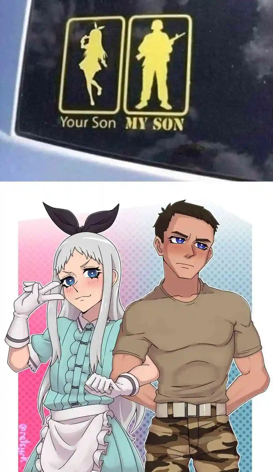 The image displays a two-panel meme. The top panel shows a car decal with two yellow silhouettes: a female anime character…