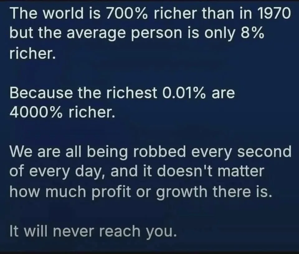 A dark blue background displays white text in four paragraphs stating that while the world is 700% richer than in 1970, the…