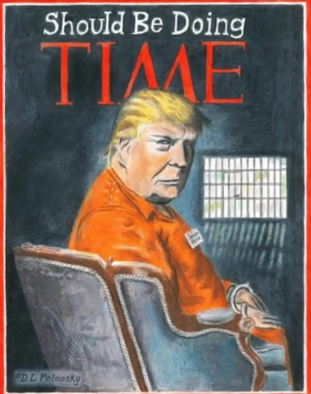 A painted image shows a man with distinctive blonde hair and a stern expression, wearing an orange prison jumpsuit and…