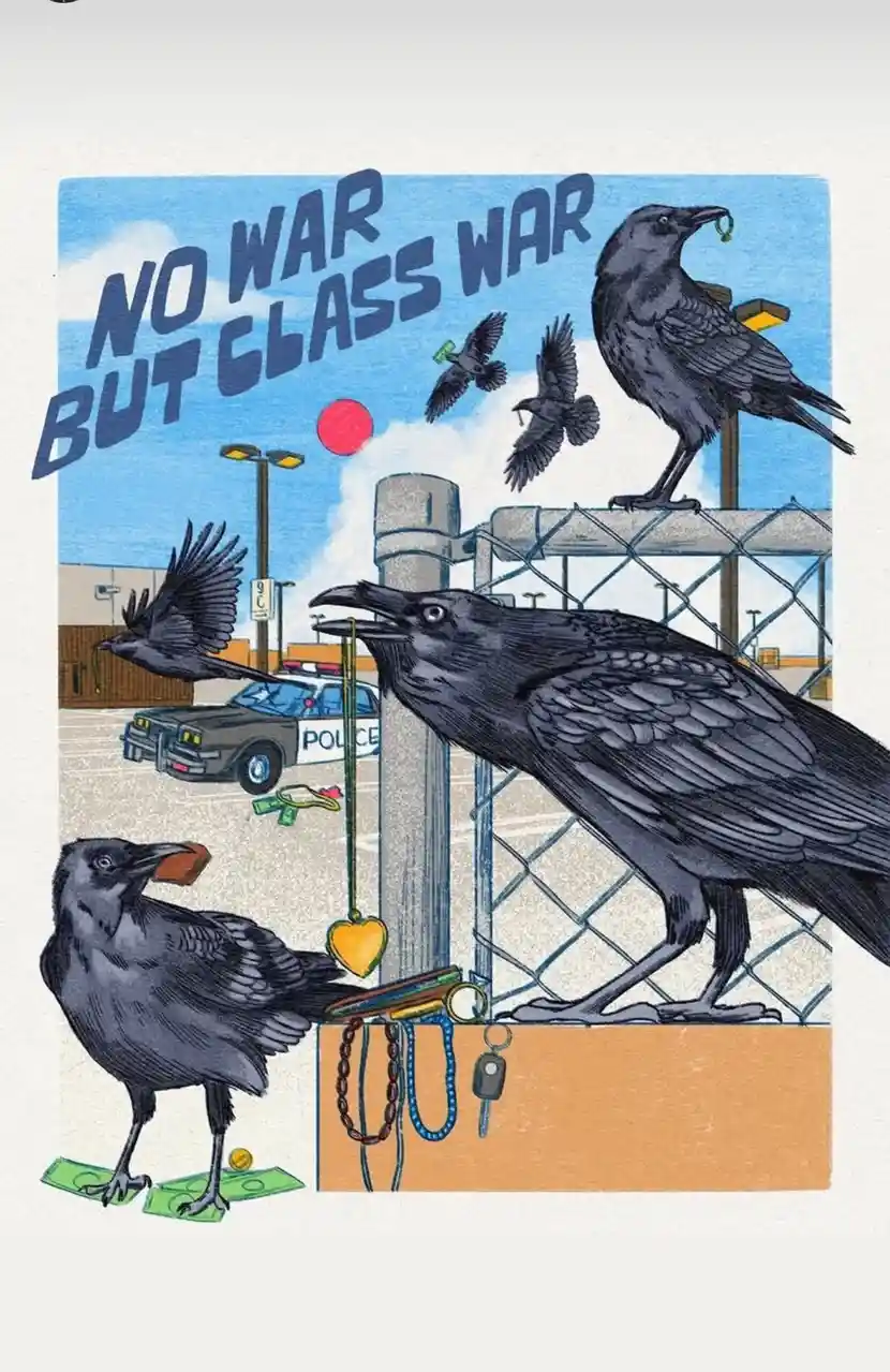 An illustrated scene shows several black crows in an urban setting, some holding glass shards or money, with a police car in…