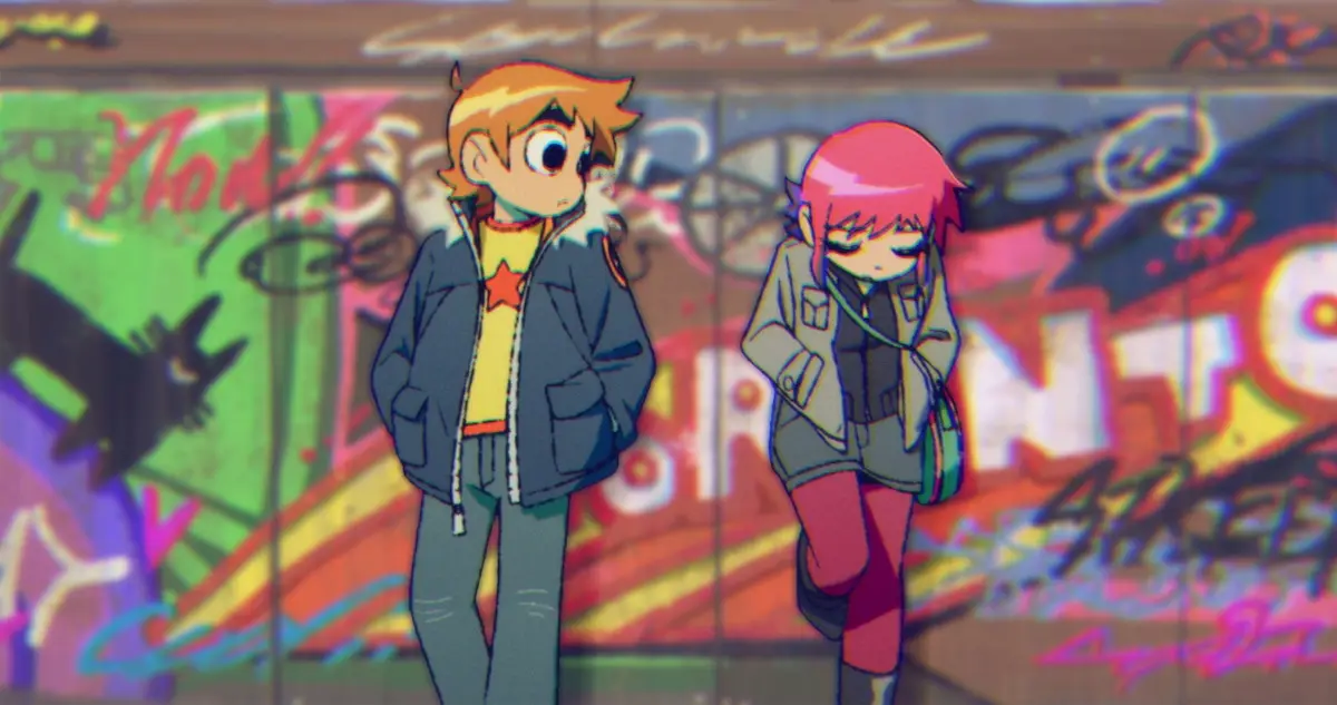Two anime-style characters stand before a colorful graffiti wall; the boy on the left looks surprised or concerned, while…