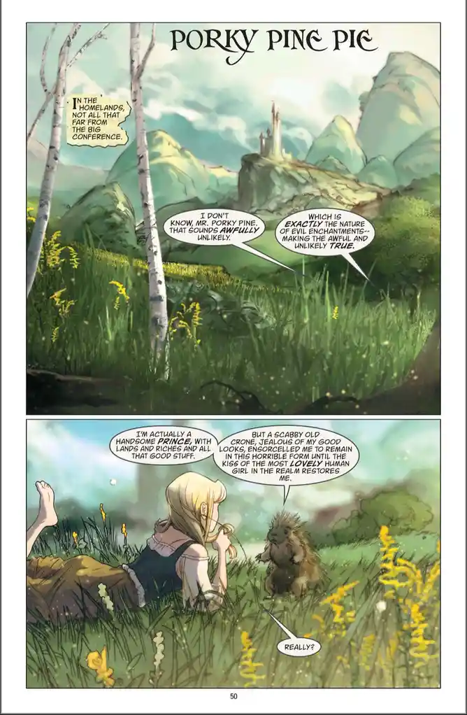 A comic page from 'Porky Pine Pie' shows a girl lying in grass listening to a porcupine explain he's a cursed prince. The…