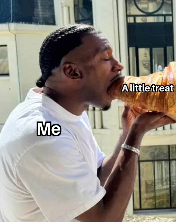 A man in a white t-shirt is shown outdoors, holding a large, cone-shaped pastry to his mouth as if about to eat it. The text…