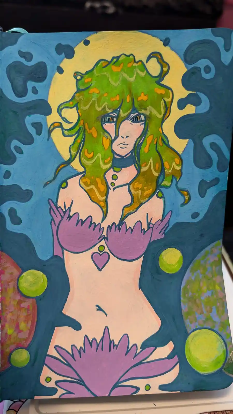 A hand-painted artwork depicts a stylized female figure with green, orange-spotted hair, wearing a purple bikini top and a…