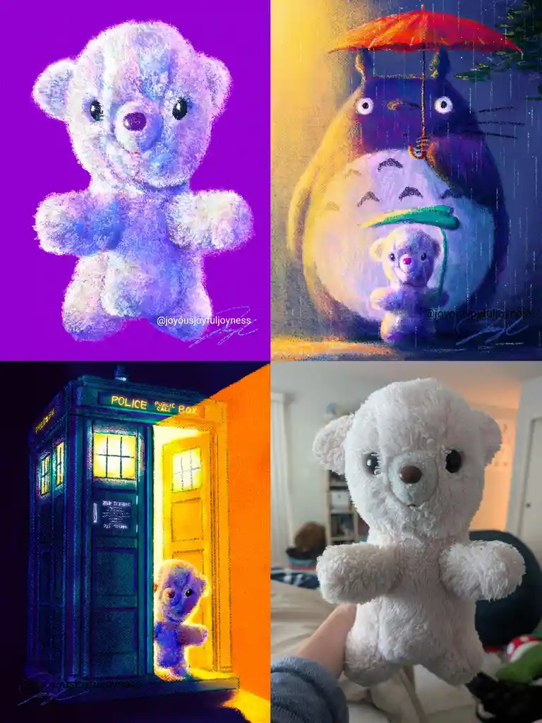A four-panel image shows a white teddy bear in different contexts: first, as a glowing purple plush toy; second, being held…