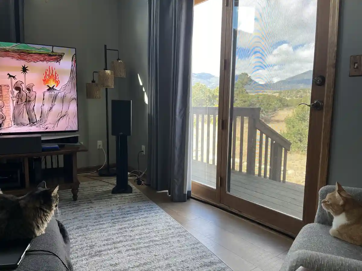 Two cats sit in a living room, one on a couch facing a TV showing an animated scene with figures and fire, the other on a…