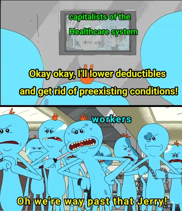 The image is a two-panel meme using characters from the animated show 'Adventure Time'. The top panel shows a TV screen…